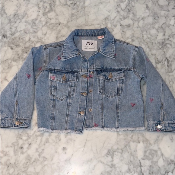 Zara Other - Zara Kids Light Blue Denim Jacket with Pink Bow Accents 3Y